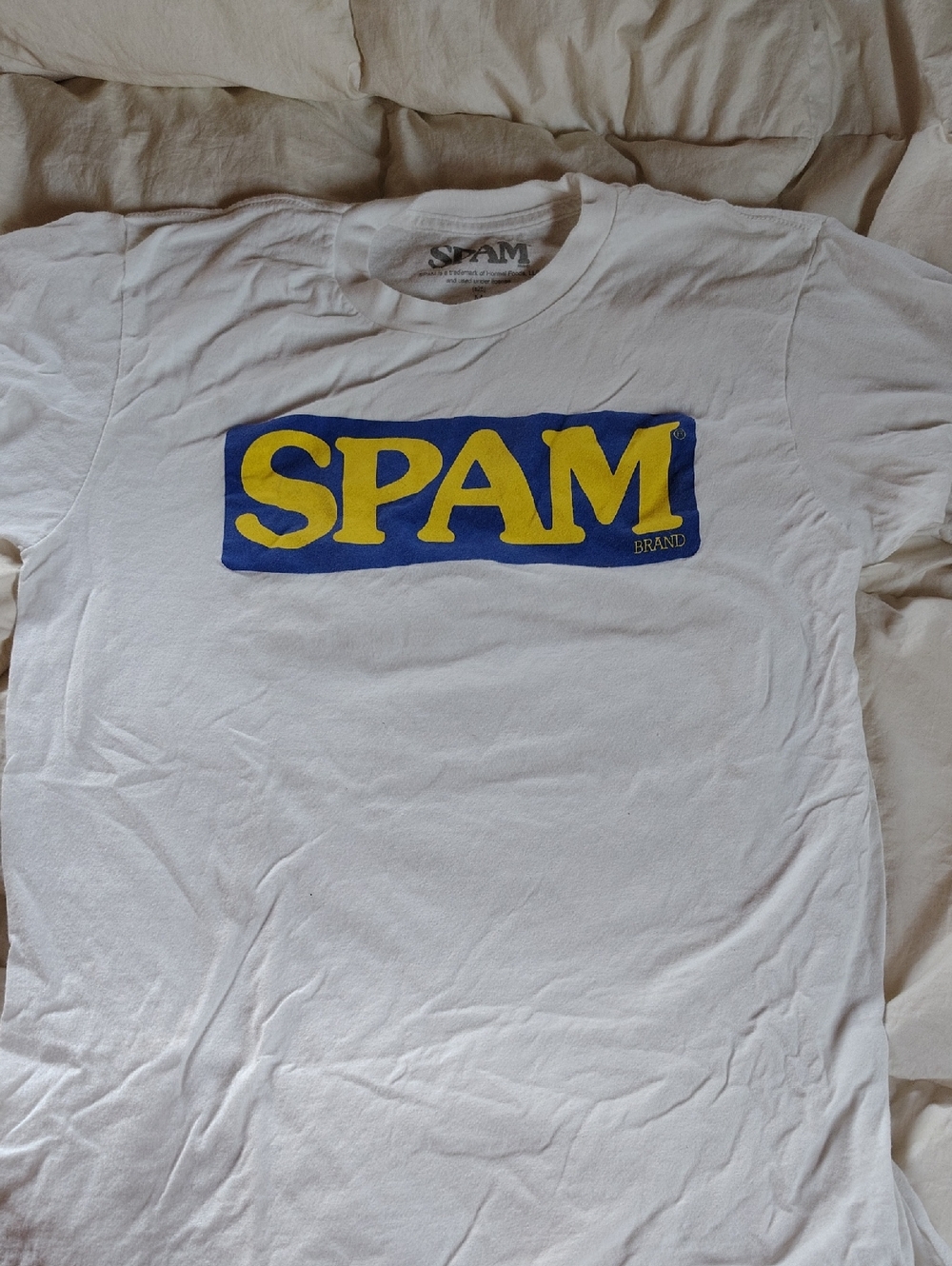 SPAM White Logo Graphic Tee - Classic Brand Shirt